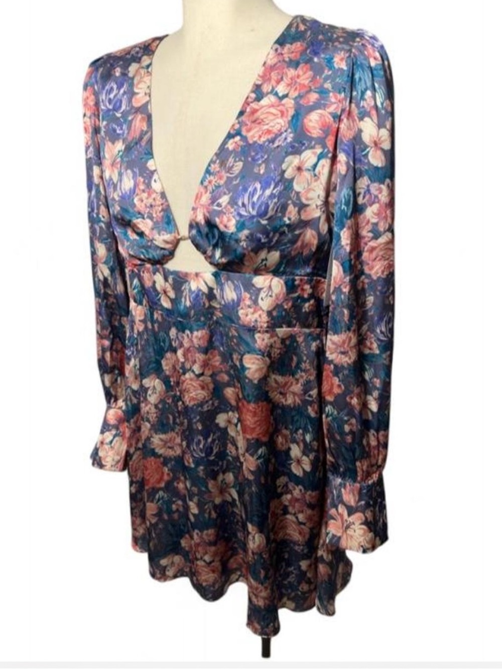 NWT ACOA Floral Cutout Mini Dress Blue Pink Long Sleeve Silky Large